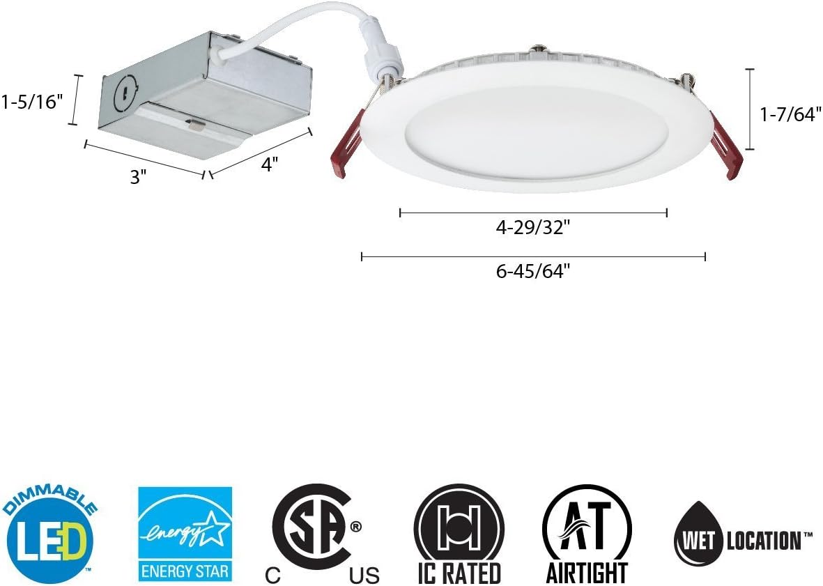 Product certifications including Dimmable LED, Energy Star, CSA, IC Rated, Airtight, Wet Location
