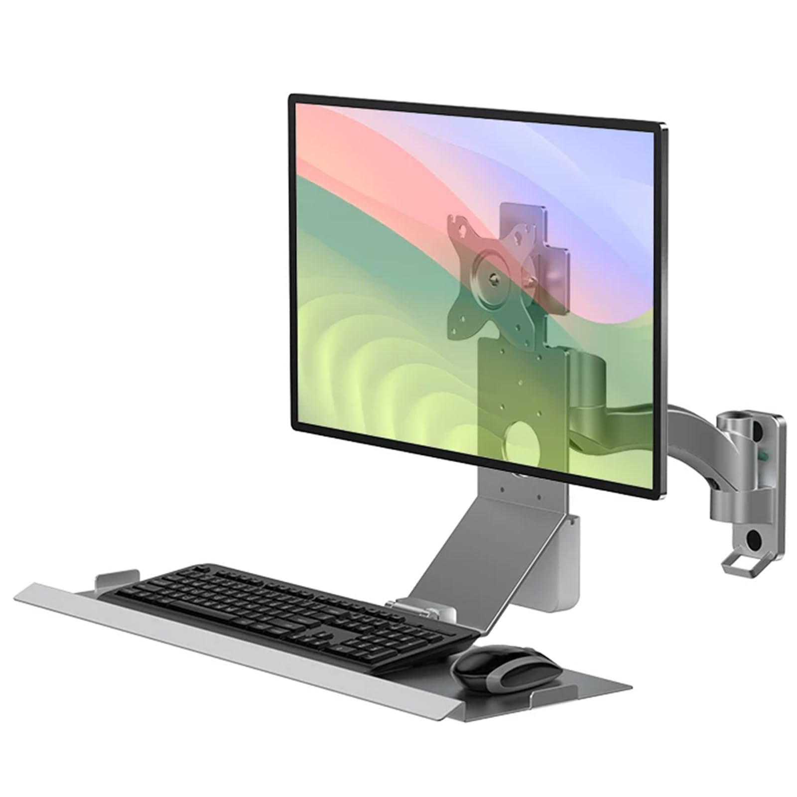 Xnxysmkj Silver Sit-Stand Single Monitor Workstation, Monitor And Keyboard Wall Mount,W/Foldable Keyboard Tray,Mouse Space,For 15-32 Inch Single Screen,Load 10Kg,Industrial Use ( 450Mm)