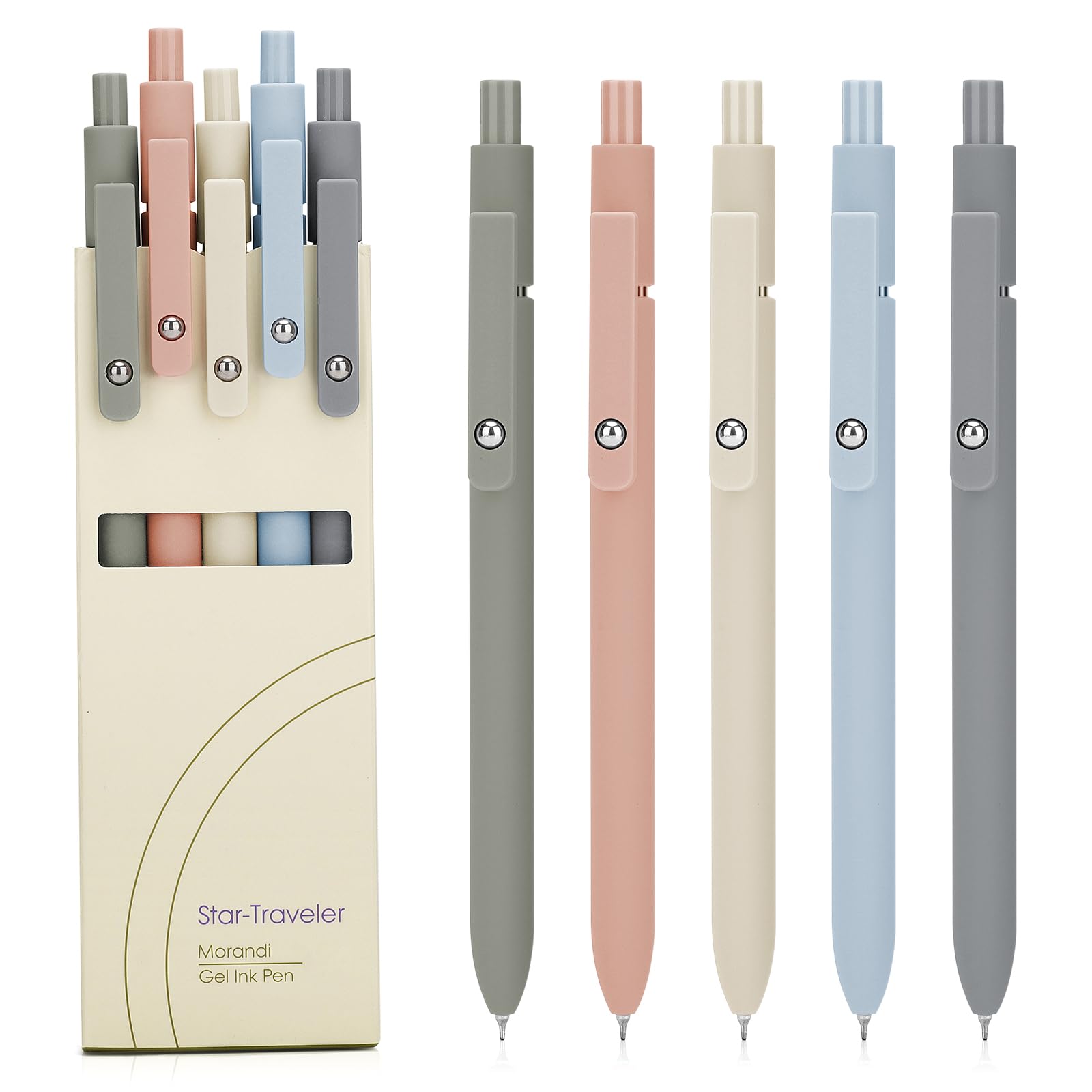 Evariss Gel Pens for Writing, 5 Pcs 0.5mm Black Ink Cute Pens, Fine Tip Smooth Writing Comfortable Grip, Retractable Ball Point Pen for Note Taking Journaling, School Office Supplies (Morandi)