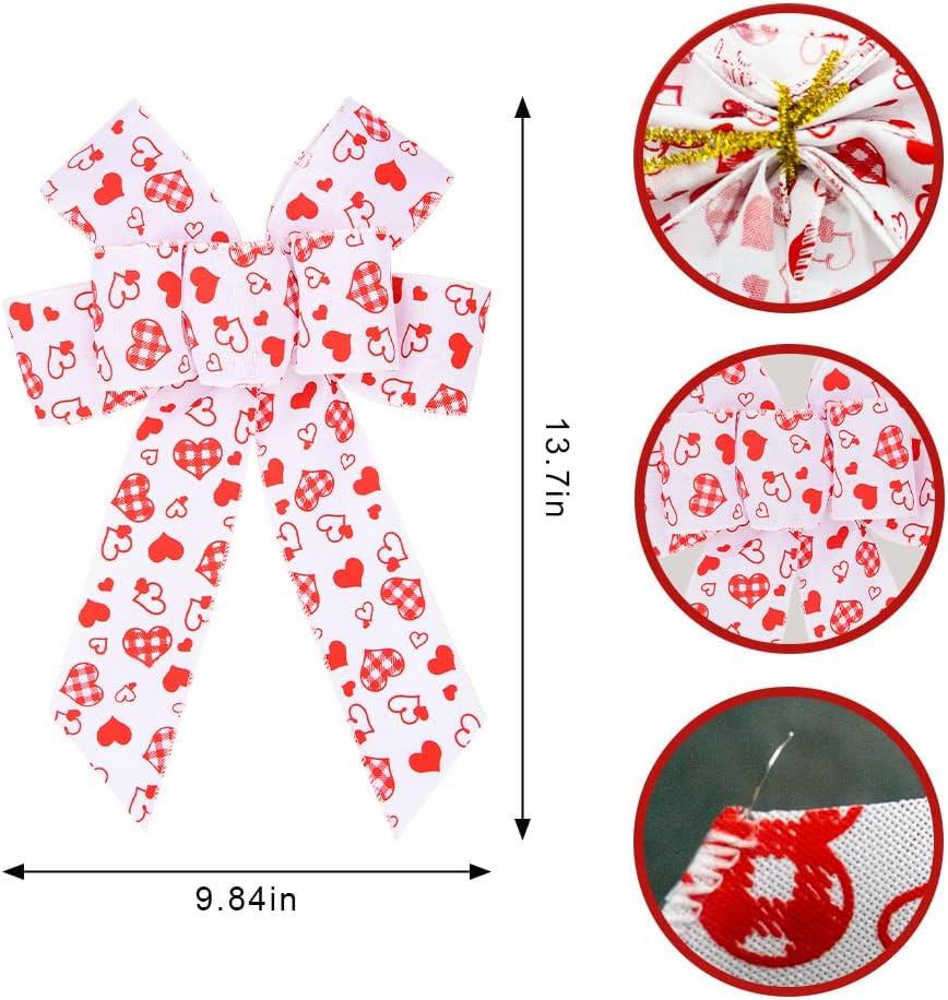 Threetols 2pcs Valentine's Day Bows for Wreath, White Heart Wreath Bows Red Heart Romance Decorations Bows Anniversary Farmhouse Bows for Indoor Outdoor Holiday Wedding Party Decoration - Image 2