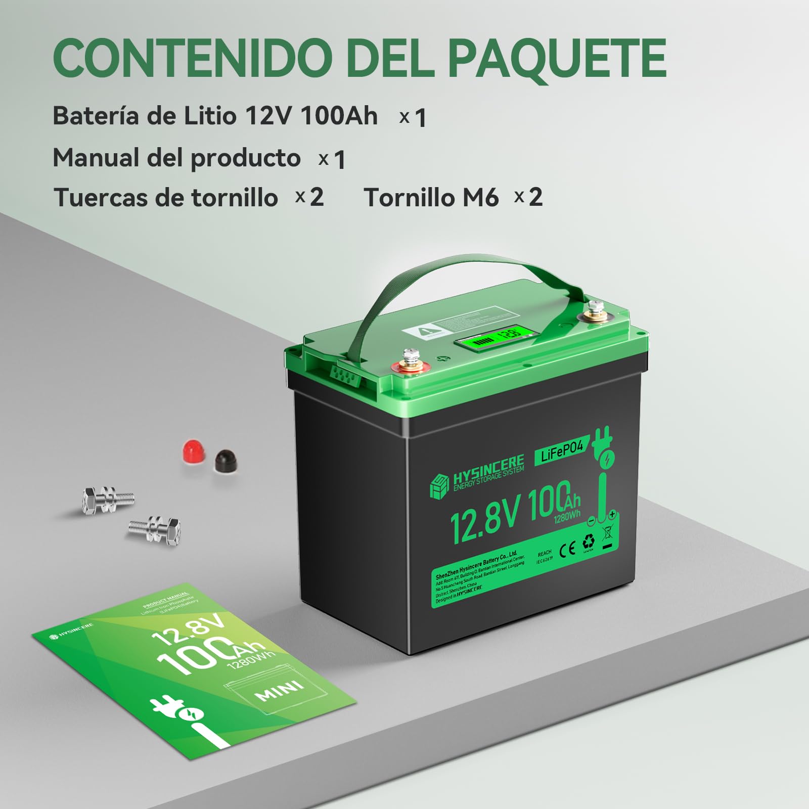 Bateria de Litio Mini LiFePO4 12V 100Ah con LED 1Pack, 100 A BMS Inteligente y Máx.15.000 ciclos, Batería de Ciclo Profundo de 12 V 1280 Wh Recargable para Autocaravana, Camping