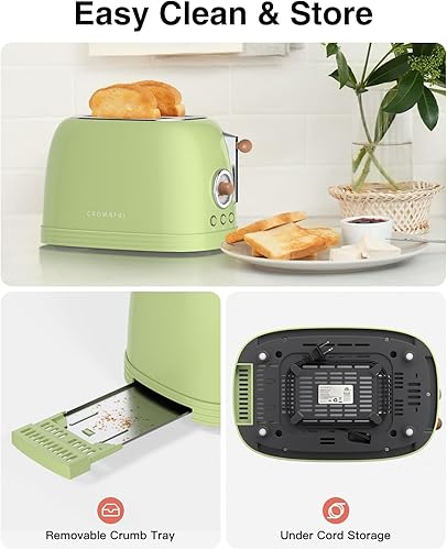 Miniatura 6 de CROWNFUL Tostadora de 2 rebanadas, tostadora de ranuras extra anchas, acero inoxidable retro con bagel, cancelación, descongelación, función de