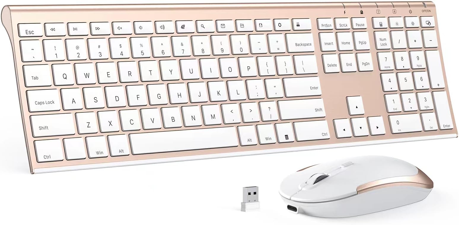 Wireless Keyboard Mouse Combo, Vssoplor 2.4GHz Rechargeable Full Size Cordless Keyboard & Mouse Sets with Ultra-Slim Aluminum Keyboard for Windows, Laptop, PC, Desktop (White Gold)