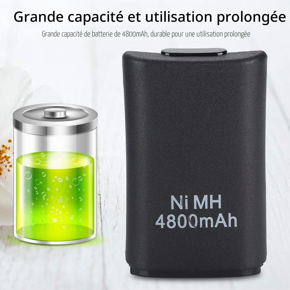 Batterie De Contrôleur Xbox 360, Batterie De Remplacement 4800 MAh Batterie Rechargeable avec Câble USB Boîtier De Batterie Couvercle De Batterie pour Contrôleur Xbox 360 (Noir)