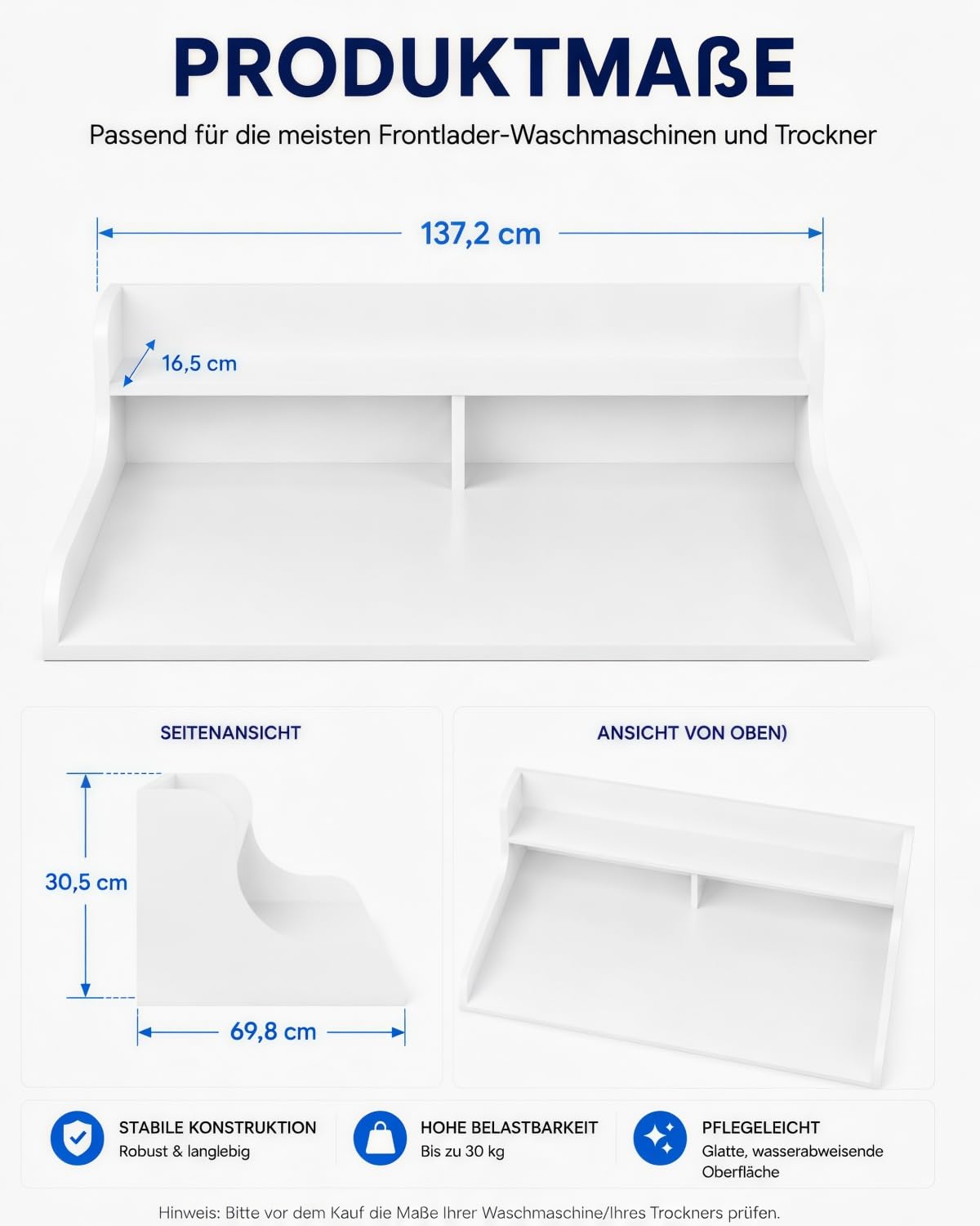 Arbeitsplatte für Waschmaschine und Trockner, 2 Ebenen, 137 x 69.8 cm | Mit Zusatzregal für Deko und Zubehör, Holzplatte mit Kantenleiste, ideal zum Falten und Ordnen in Waschküche oder Bad Weiß