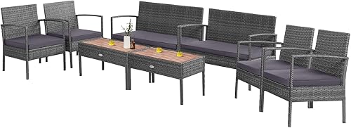 Tangkula Patiojoy - Juego de 8 conversaciones de ratán para patio con cojines de asiento, marco de acero resistente, mesa de madera de acacia,