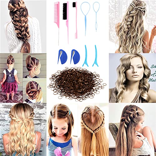 79Style 1000Pcs Mini Rubber Bands Brown Colors Braiding Hair Tools, 2Pcs Ponytail Elastic Hair Ties Cutter Remover, 1Pcs Teasing Brush, 1Pcs Rat Tail Comb, 1Pcs Double Sided Edge Brush, 2Pcs Duckbill Clips, 2Pcs Topsy Tail Hair Tools Braiding Hair Accessories For Kids Women (Total 1009Pcs -Brown) #TOP3