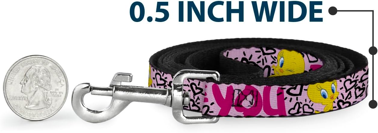 Buckle-Down Pet Leash - Tweety Bird I LOVE YOU Pink/Black - 4 Feet Long - 1.5" Wide