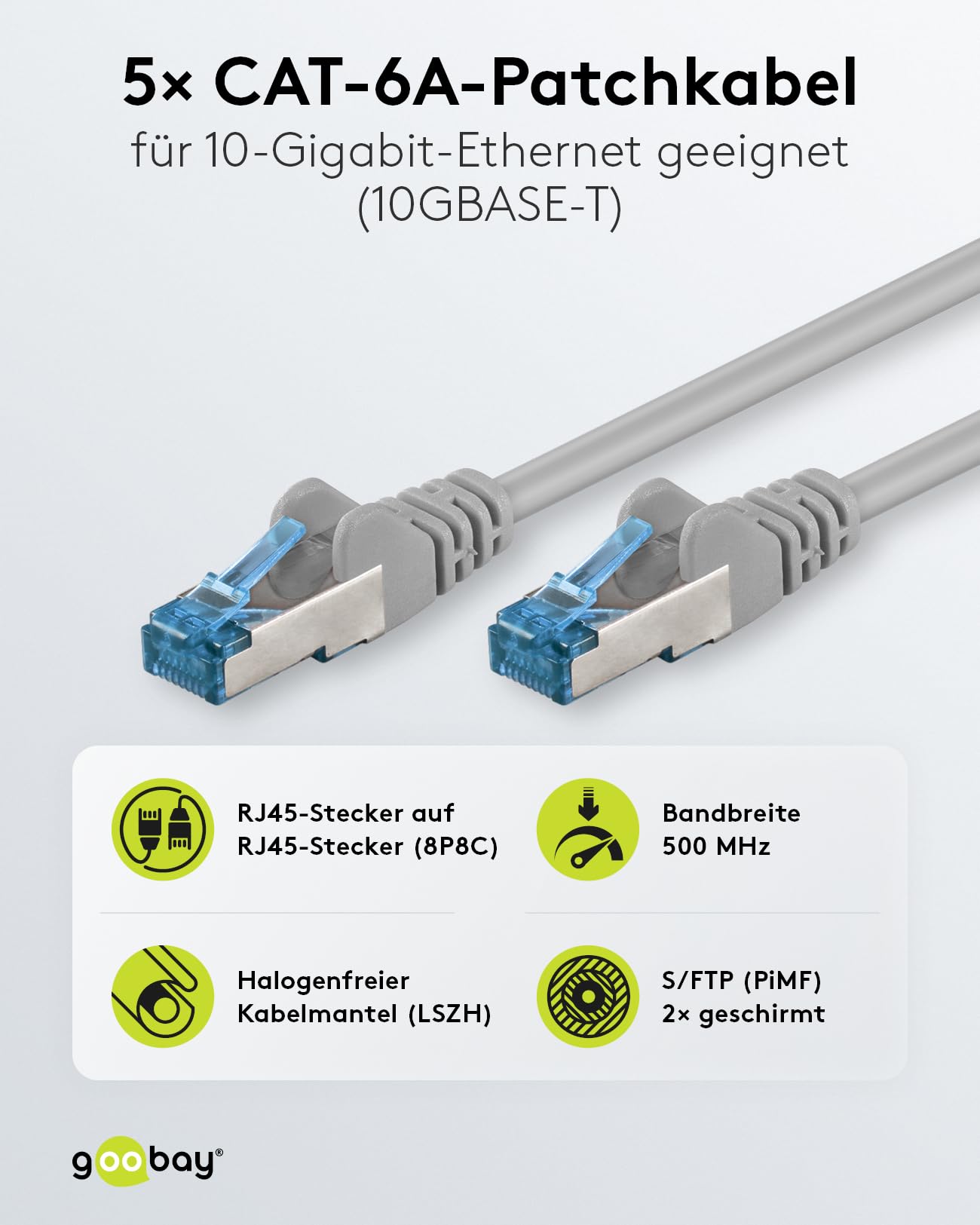 goobay 66019 CAT 6A Network Cable in Set of 5/Patch Cable Shielded S/FTP/CU Ethernet Cable, PiMF - Image 2
