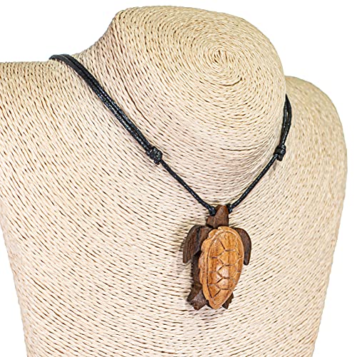 Bluerica Hand Carved Wood Sea Turtle Pendant On Adjustable Black Rope Cord Necklace #TOP7