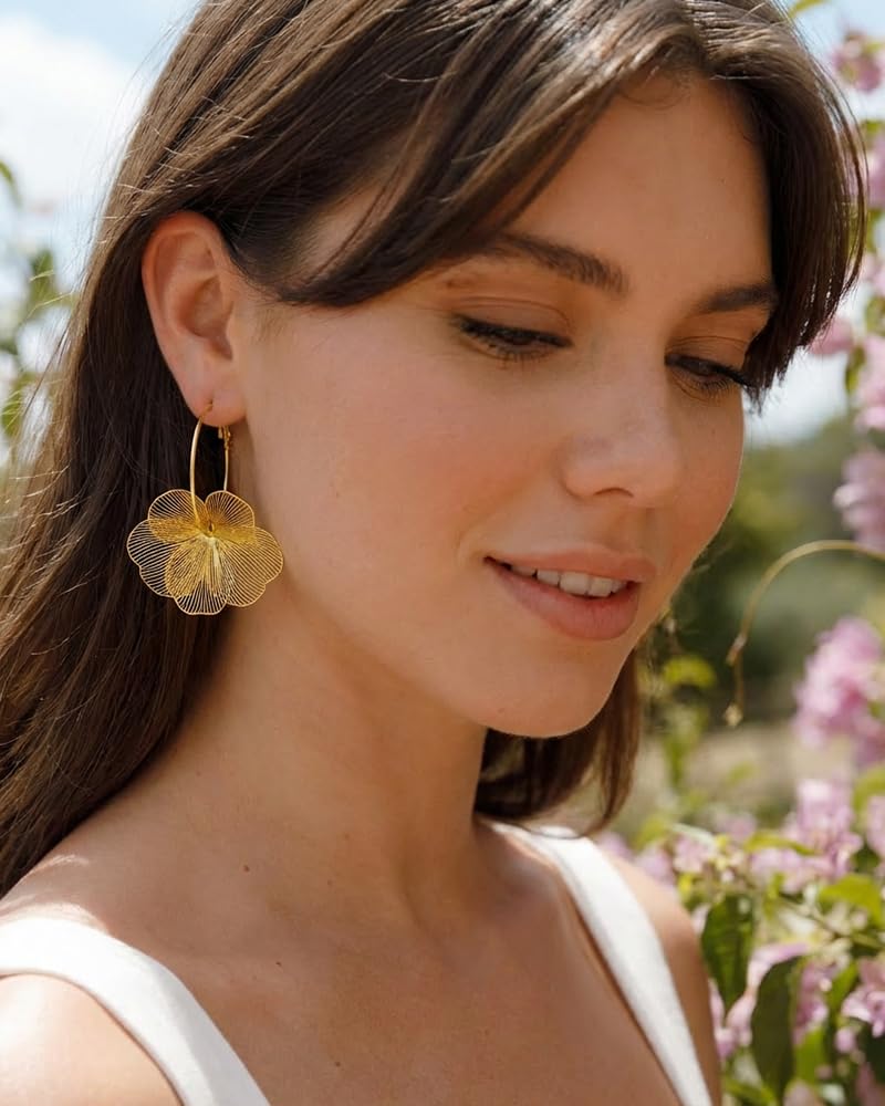 Mothers Day Gifts Large Flower Dangle Earrings for Women Lightweight Statement Earrings with Thin Hoop Detachable Boho Floral Design in Gold & Silver Trendy Jewelry for Daily & Party Wear Summer Earrings Gift - 4