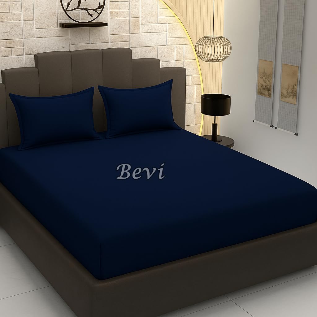 BEVI bedsheet for Single Bed 300 TC Elastic Fitted with 1 Pillow Cover Size- (36"x78") Navy Blue.-image-1