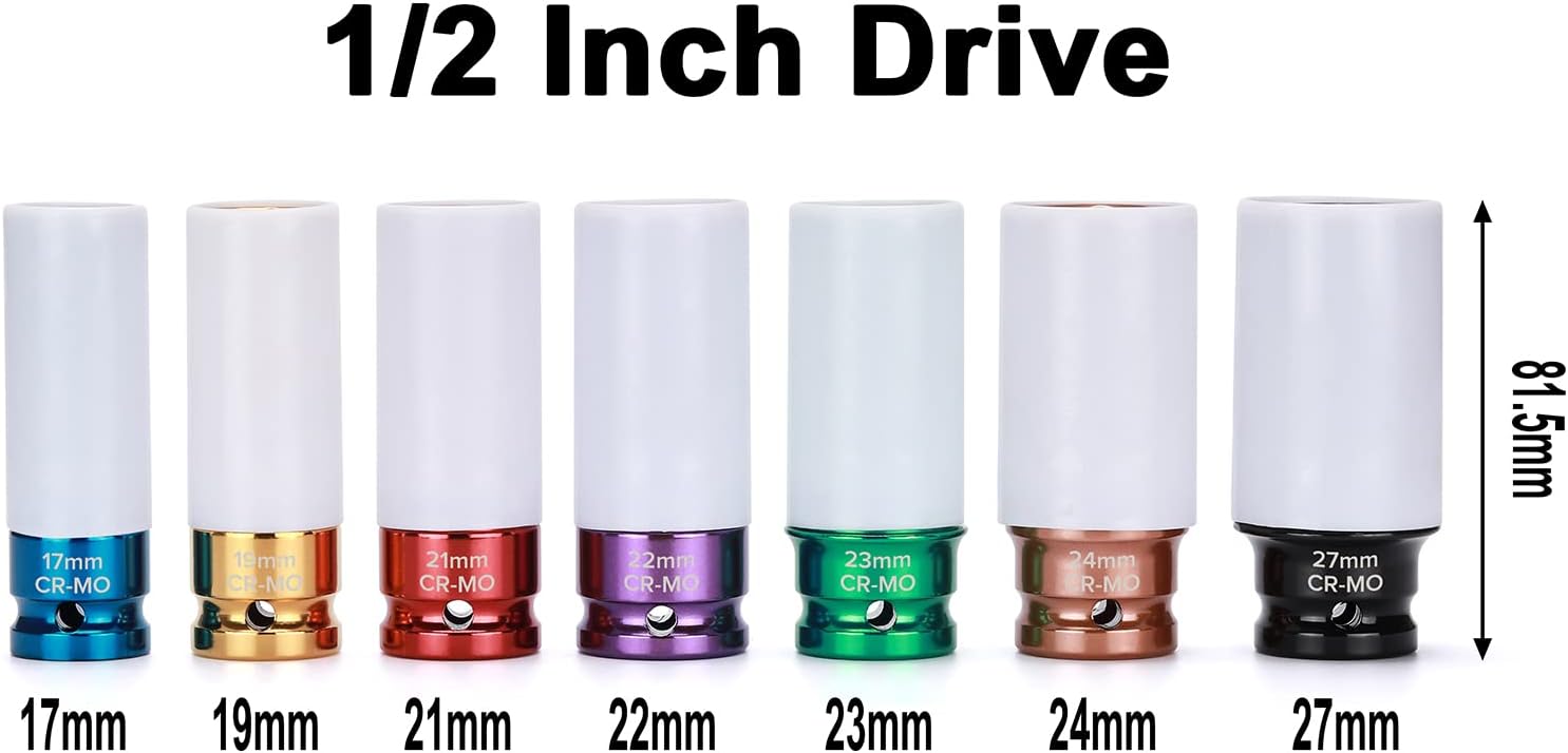 Mayouko 7PCS 1/2 Inch Drive Lug Nut Deep Impact Socket Set,Thin-Walled Wheel Rim Protector Socket,Color Coded,Metric,CR-MO - Image 4