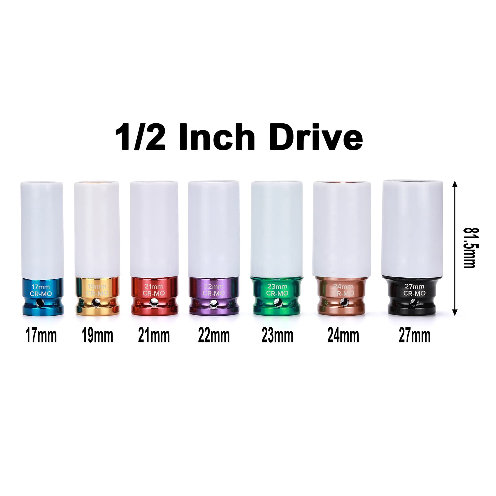 Mayouko Juego de 7 llaves de vaso de impacto profundo de 1/2 pulgada, protector de llanta de rueda de pared fina, código de color, métrico, CR-MO