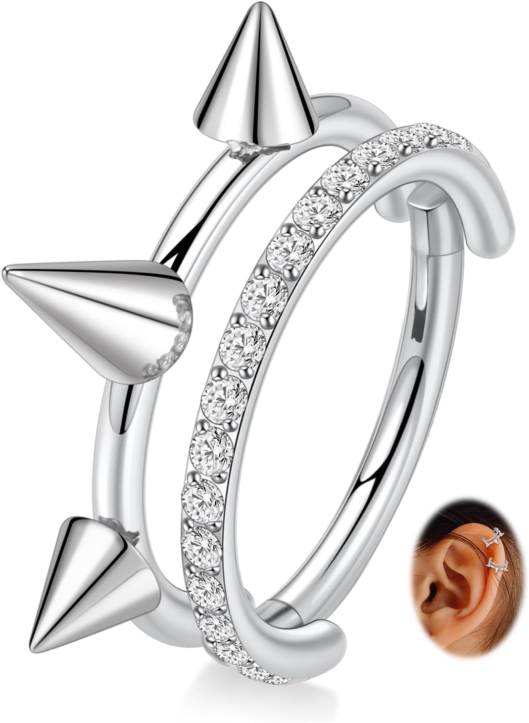 FUNLMO Septum Rings Nose Rings Hoops Conch Helix Piercing Jewelry Cartilage Earring Hoop 316L Surgical Steel Cube Zircon Spike Double Hoop Nose Ring 16G 10mm Silver