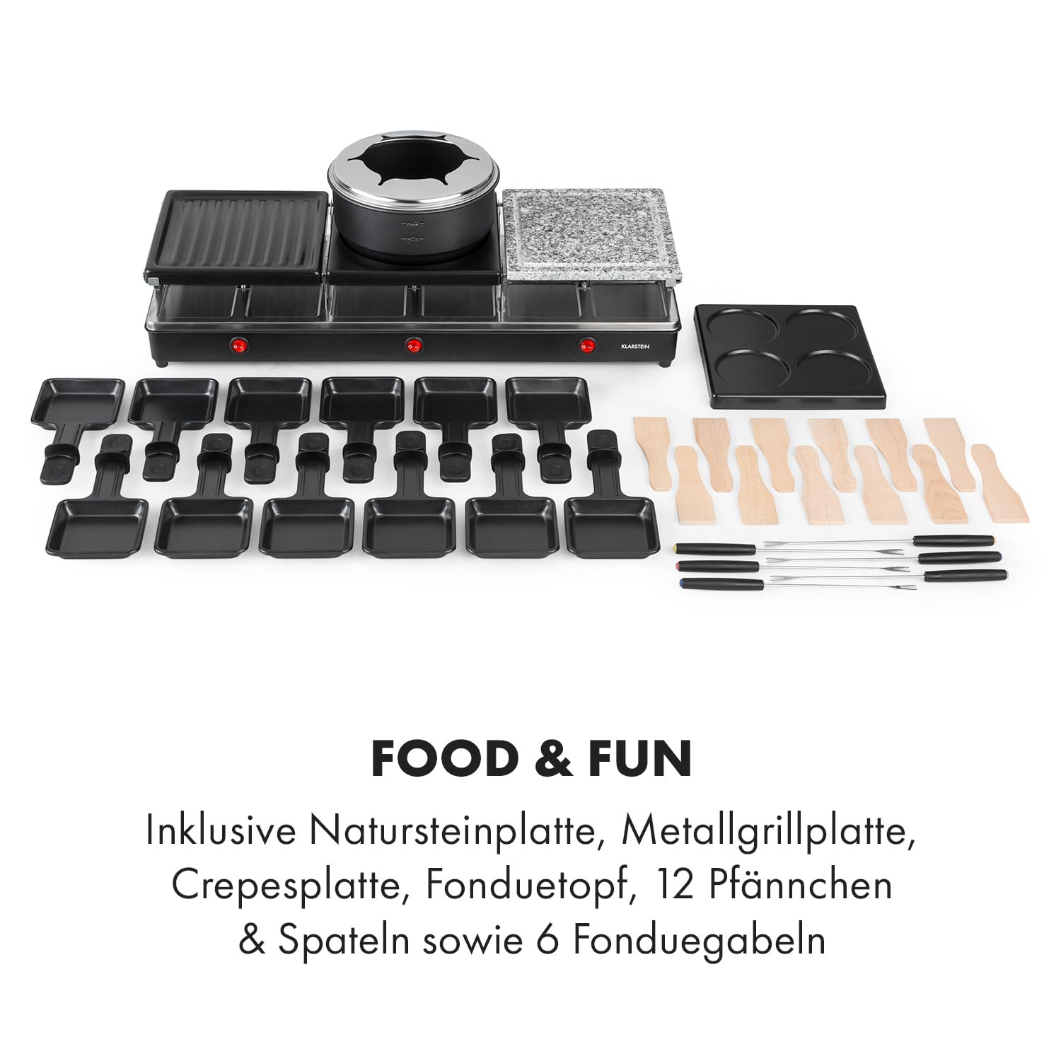 Klarstein Fonduelette XL - 3-in-1 Raclette-Grill & Fondue, 1650 Watt: Metall- /Naturstein-/Crêpesplatte, 3 separate Edelstahl-Heizelemente, bis 12 Personen, Antihaftbeschichtung, schwarz
