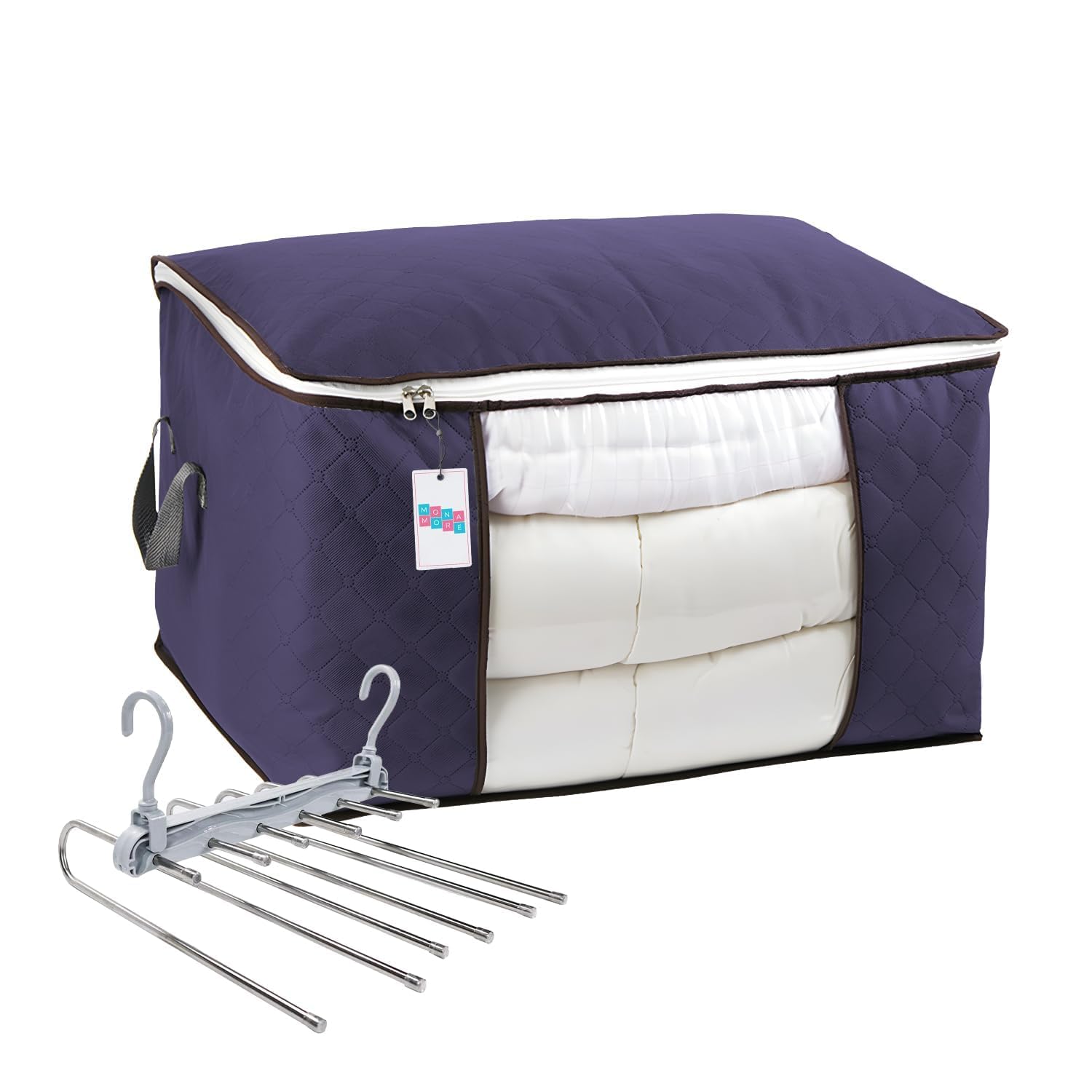 MONAMORE 1 Pack 100L Cloth Storage Bag Organizer + Folding Trousers Rack, Foldable Organizers With Strong Handles, Fabric Dustproof Boxes With Clear Window for Blanket Clothes Comforters Bedding Toys