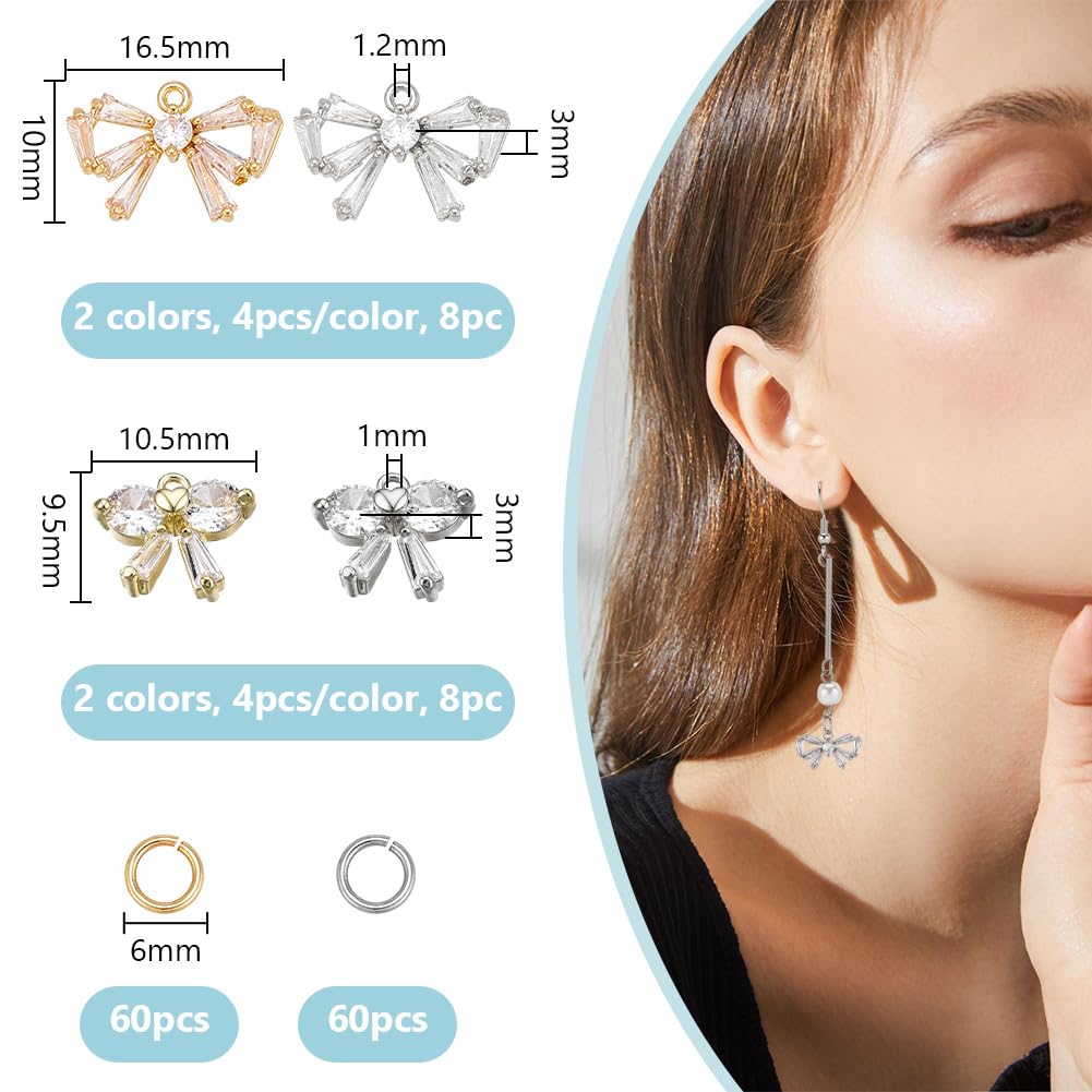 DELORIGIN 16pcs 4 Styles Bowknot Charm Brass Cubic Zirconia Bow Tie Dangle Charms with Horizontal Loops and 100pcs Jump Rings Bow Link Pendants for Jewellery Making Bracelet Necklace Earrings Crafts - Image 2