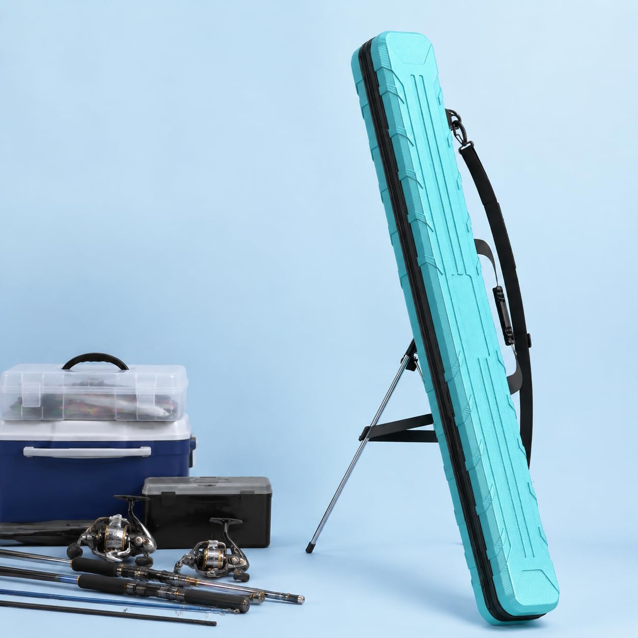 Angelzubehör wasserdichte Angelkoffer Hartschalenetui Rutenhalter Tragesystem Innenhalterung Große Kapazität für Ausflüge Reisen, Ocean Blue, Premium Hartschalen-Rutenkoffe, Blue
