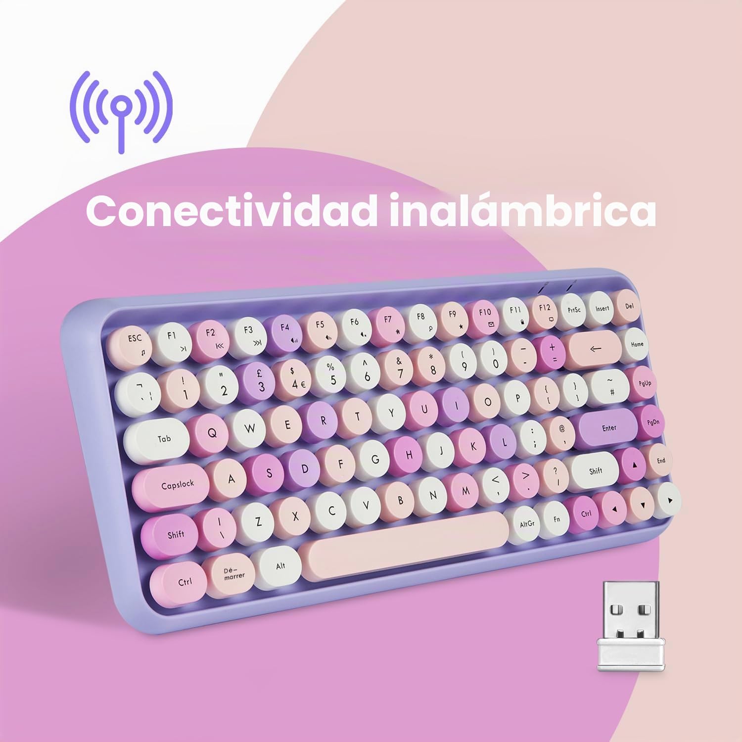 Perixx PERIDUO-713 - Juego de miniteclado y ratón inalámbrico (2,4 GHz, Teclas de Estilo Retro, Redondeadas, Violeta, AZERTY
