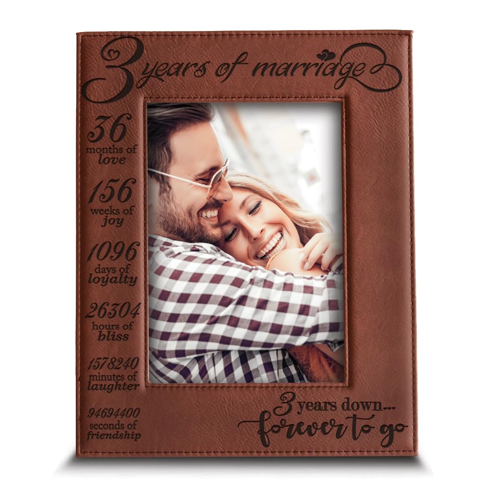 BELLA BUSTA- 3 Years of Marriage-3 years Down Forever to go-Engraved Leather Picture Frame (5 x 7 Vertical (Rawhide))