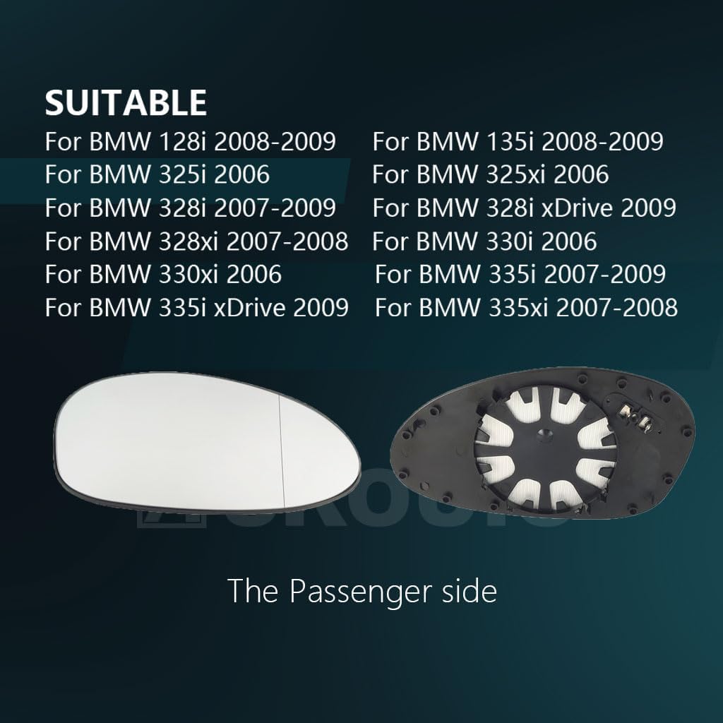 passenger right side power heated mirror replacement glass with backing plate for bwm 128i 135i 325i 325xi 328i 328i 328xi 330i 330xi 335i 335xi 2006 2007 2008 2009 s-class glass 1-passenger side