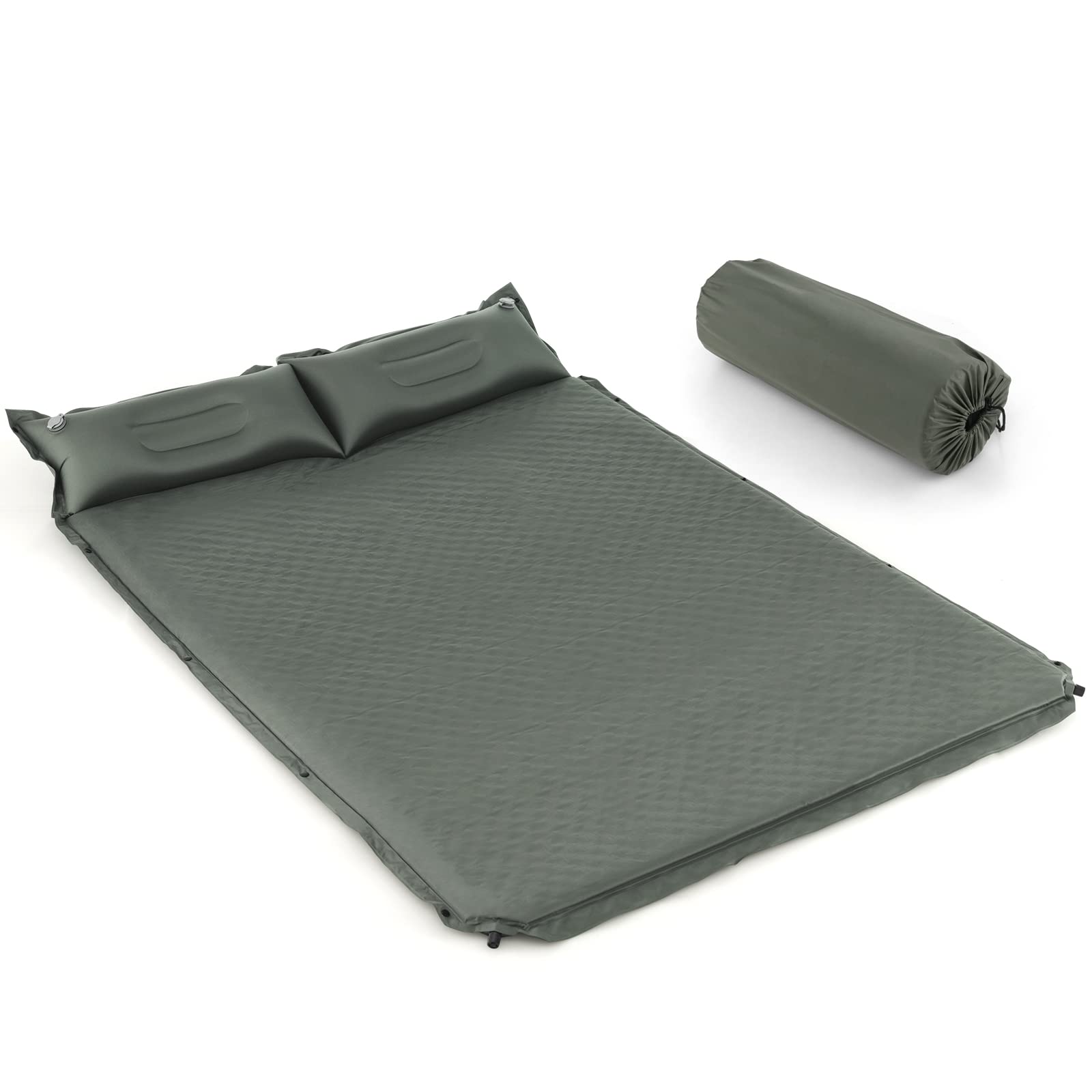 GOPLUS Colchoneta Camping Autoinflable para 2 Personas, Esterilla Hinchable Ligera con 2 Almohadas Inflables y Bolsa Portátil, Colchón de PVC Impermeable 187x131cm para Senderismo Viajes (Verde)