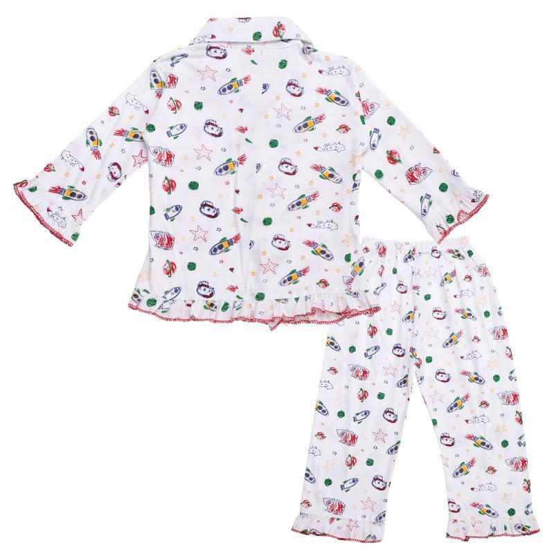Image of superminis Hosiery Cotton Night Suit with Frill - Full Sleeves, Collared Neck, Sleep Wear for Girls, Kids