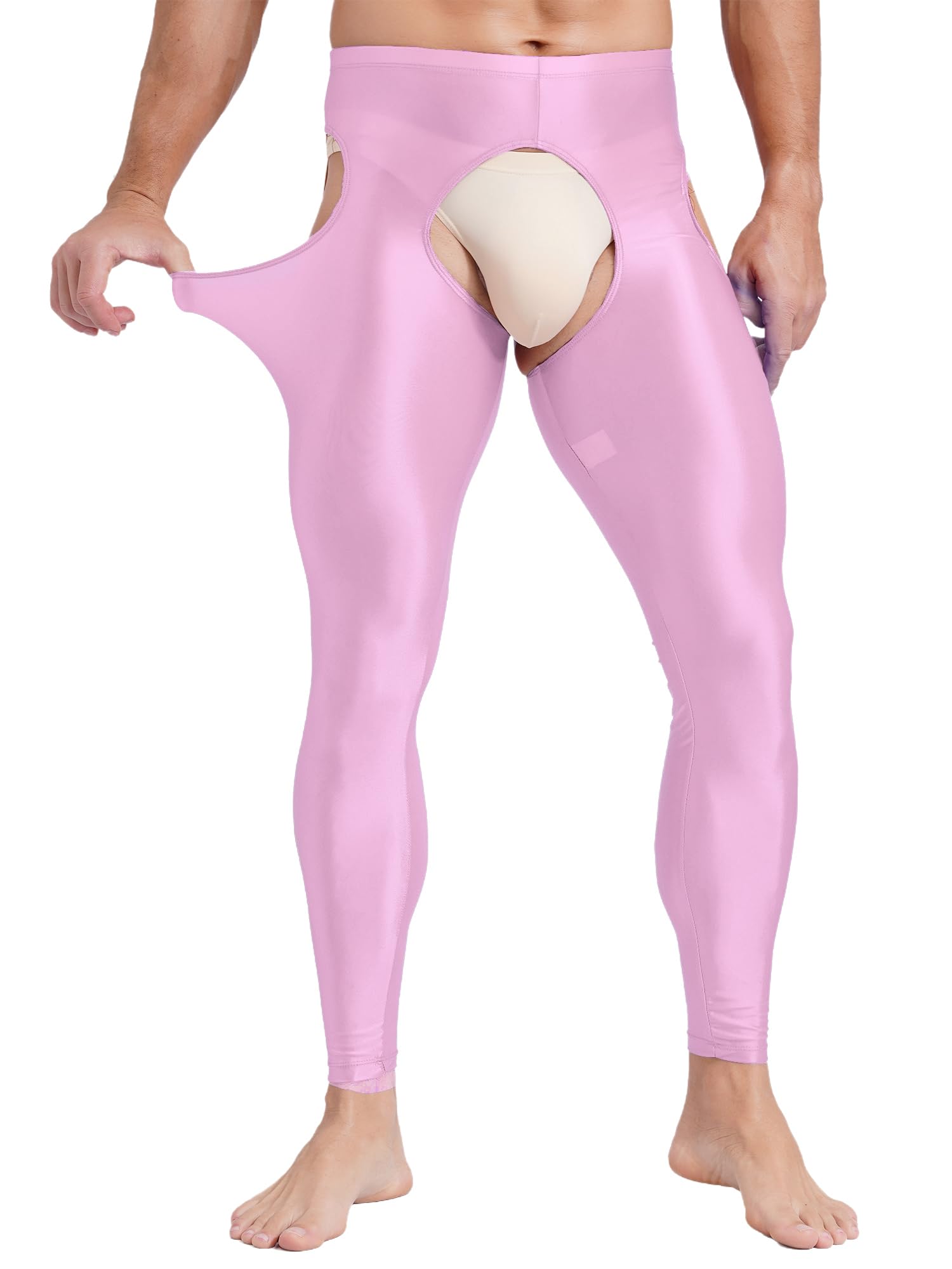 Vxuxlje Men's Oil Shiny Open Crotch Leggings High Waist Cut Out Leggings Compression Pants