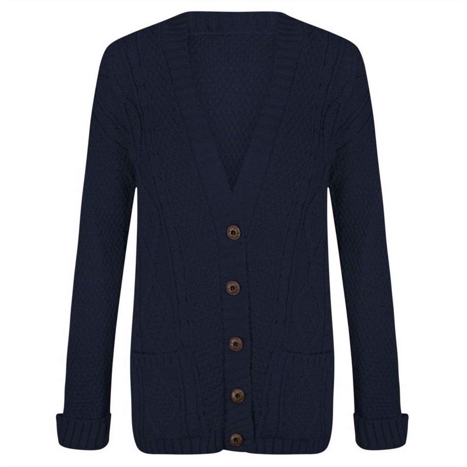Wearall Women's Navy Cable Knitted Button Cardigan Long Sleeve Boyfriend Top - 20-22