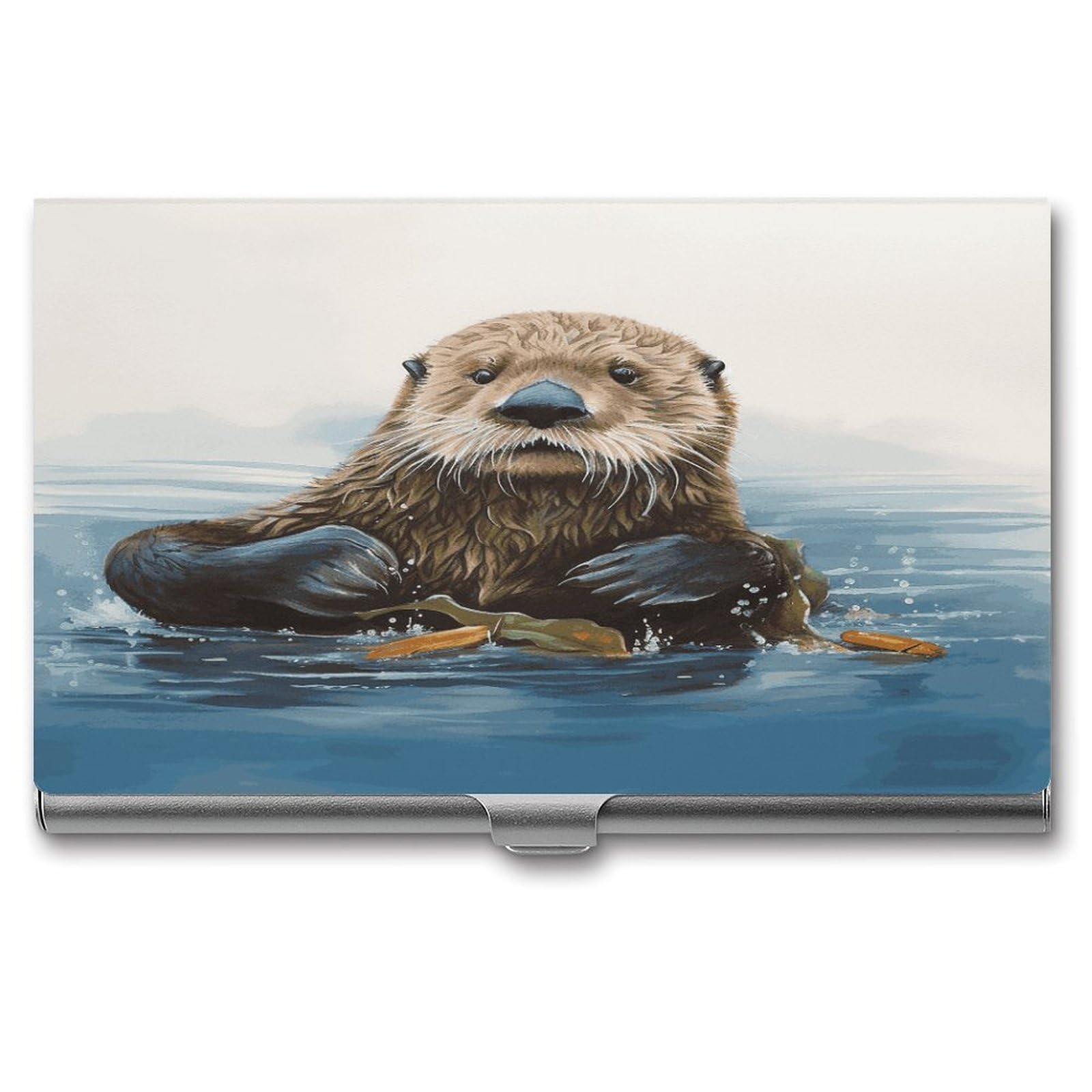 LDGSUPH Sea Otter Business Card Holder Fashion Slim Name Card Holder Minimalist Design Case Metal Card Carrier Personalized Business Card Case with Flip for Men Women