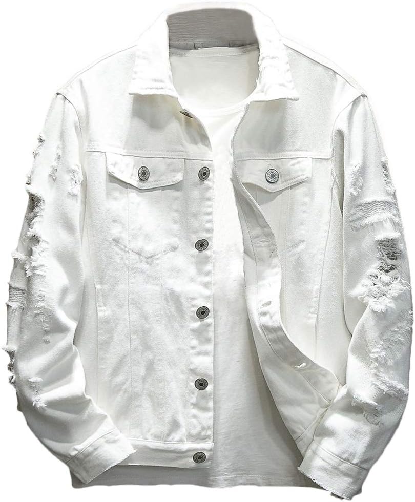Rexcyril Men's Distressed Denim Jacket Casual Ripped Holes Button Down Trucker Jacket Jean Coat