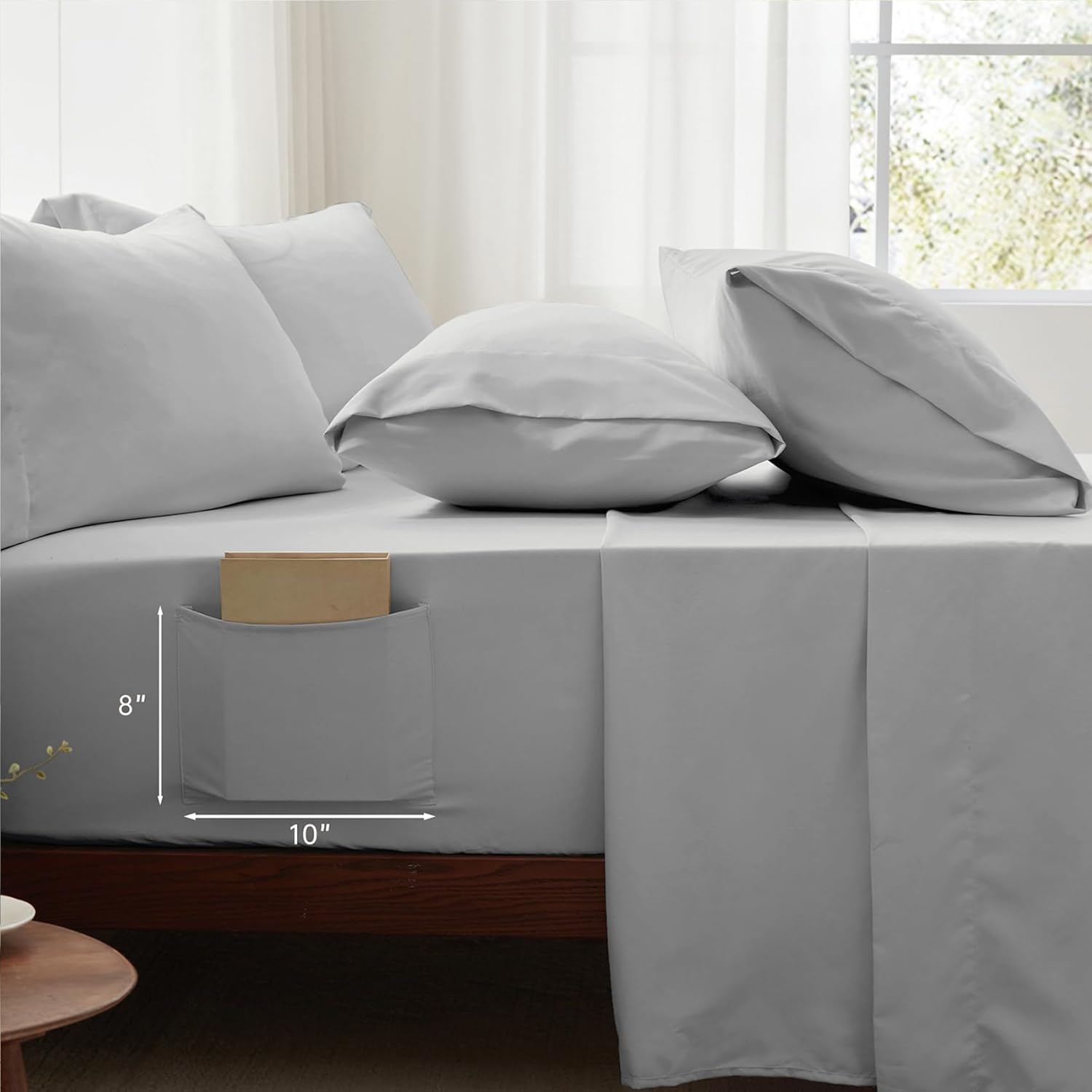 Zzlpp Queen Comforter Set 7 Piece, Light Grey Bed in a Bag with Comforters, Pillow Shams, Pillowcases, Flat Sheet, Fitted Sheet, 2 Side Pockets
