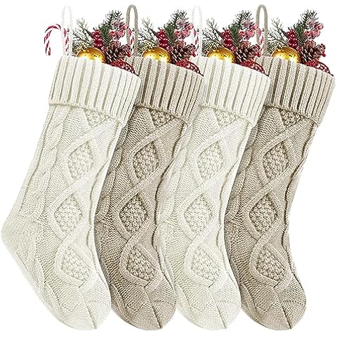 4Pack Personalized Christmas Stockings with Leather Custom Self-Adhesive Name Tags, 18 Inches Cable Knitted Stocking for Family, Xmas Holiday Party Gifts & Decoration for Fireplace(White&Khaki) Cover