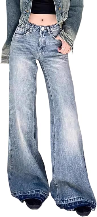 Low Rise Flared Jeans for Women Trendy Wide Leg Loose Fit Boyfriend Denim Pants Baggy Streetwear Raw Hem Y2k Jeans