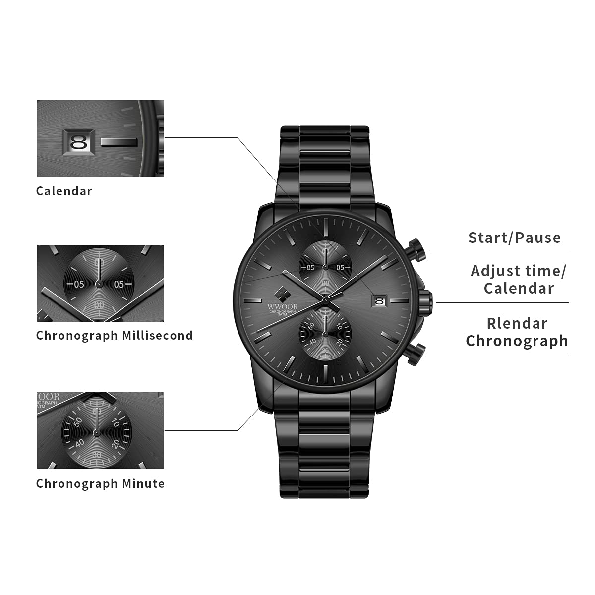 Montre bracelet pour homme avec montre à quartz chronographe étanche en acier inoxydable et métal, date automatique sur les mains colorées, extensible en acier inoxydable, réglable, Noir, 1, Bracelet