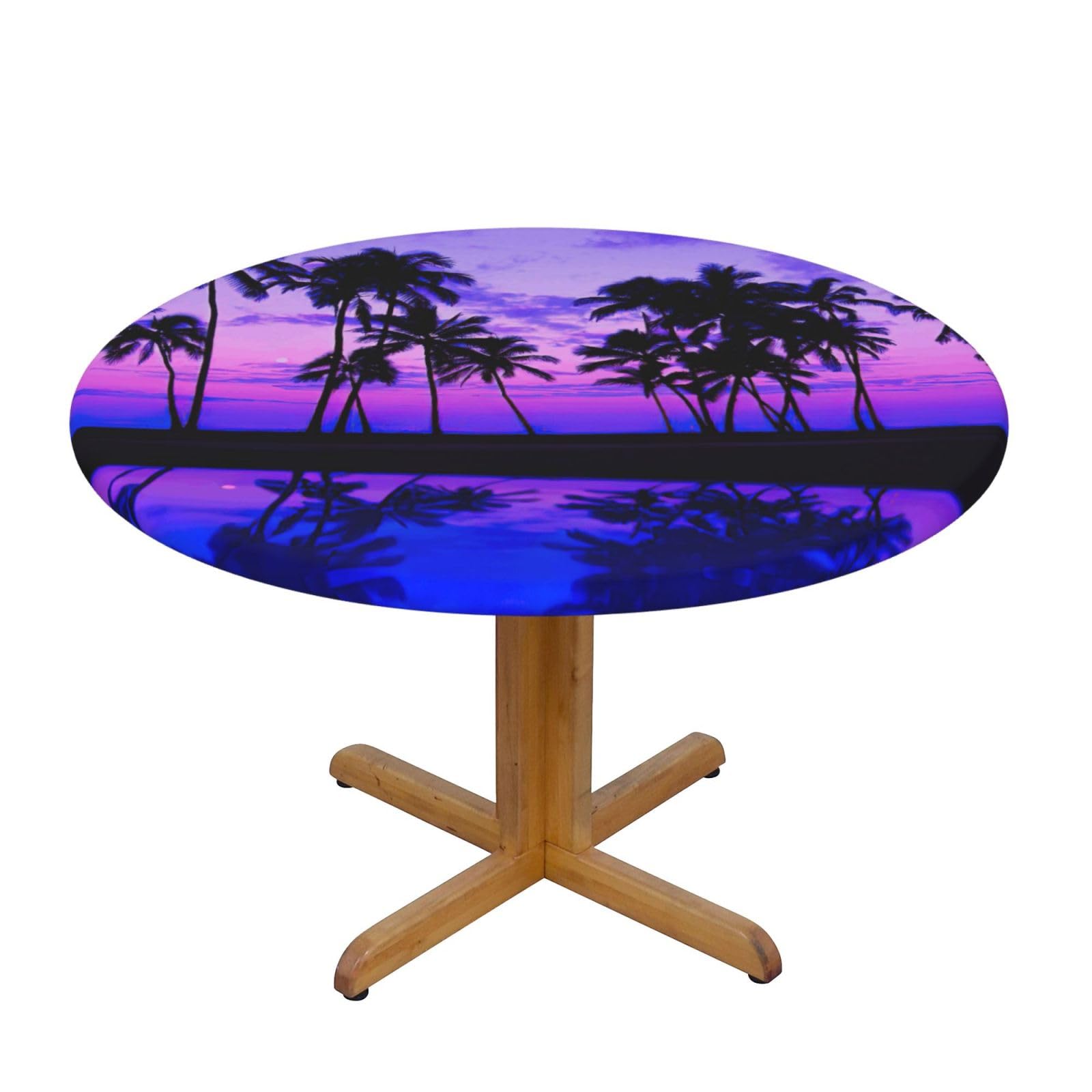 YQxwJL Palm Tree Purple Sunset Print Round Picnic Tablecloth, Elastic Fitted Table Covers For 90-140 Cm Tables Camping Indoor Outdoor