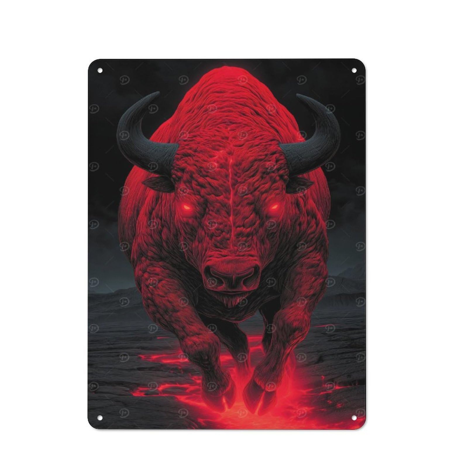 Junmoney Red Buffalo With Glowing Eyes Vintage Metal Plaque 40X30cm, Bistro Wall Plaque For Coffee Bar, Kitchen, Bistro Or Tea Corner