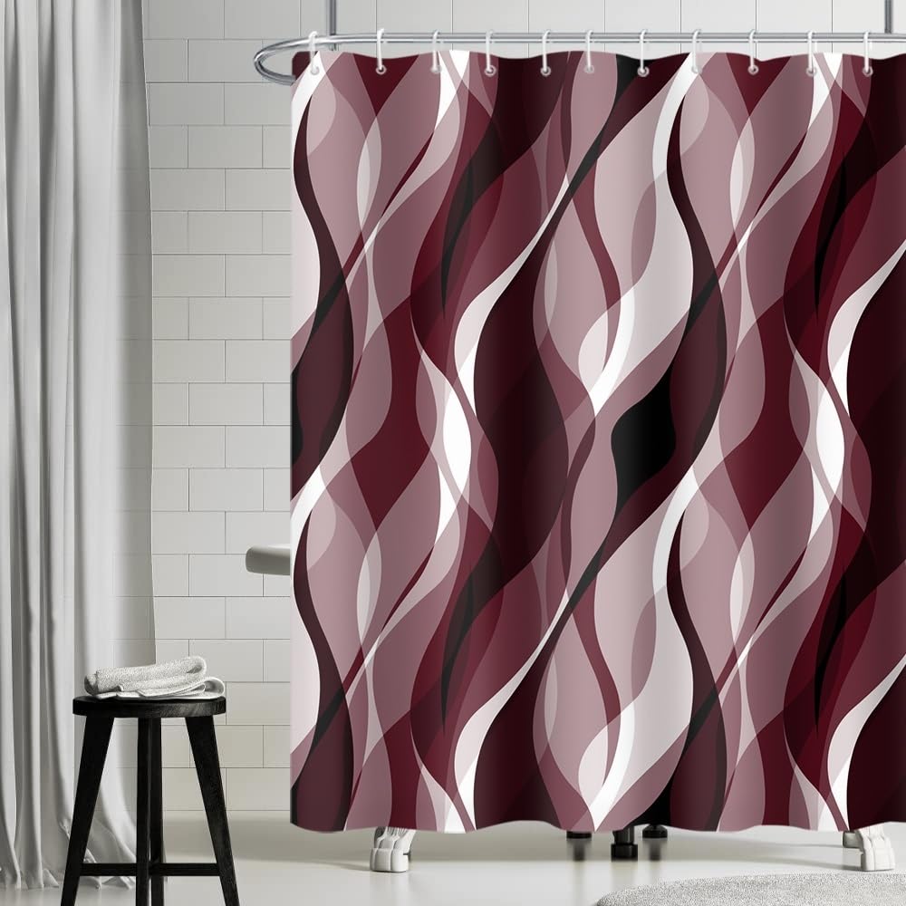 Uiiooazy Cortina de ducha Borgoña, cortina de ducha abstracta patrón geométrico a rayas líneas cortina de ducha antimoho impermeable tela de poliéster cortina de baño con 12 ganchos para baño 180 x