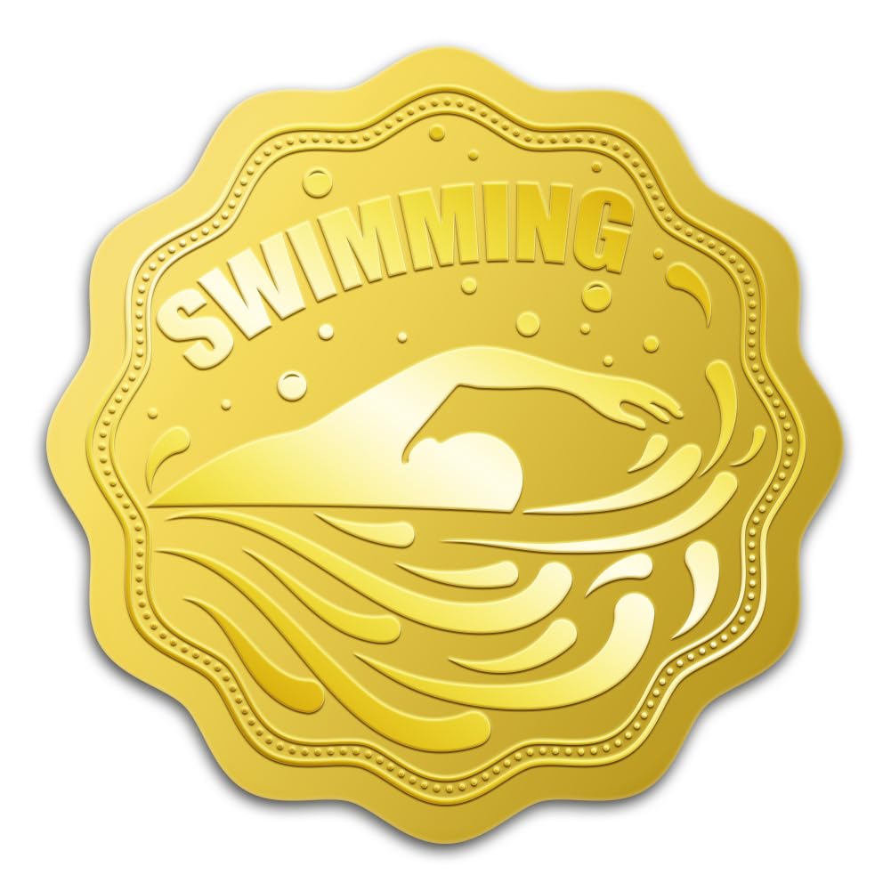 WADORN 100Pcs Swimming Gold Foil Stickers, 2 Inch Swimming Medals Gold Embossed Envelopes Seals Round Self Adhesive Certificate Seal Labels for DIY
