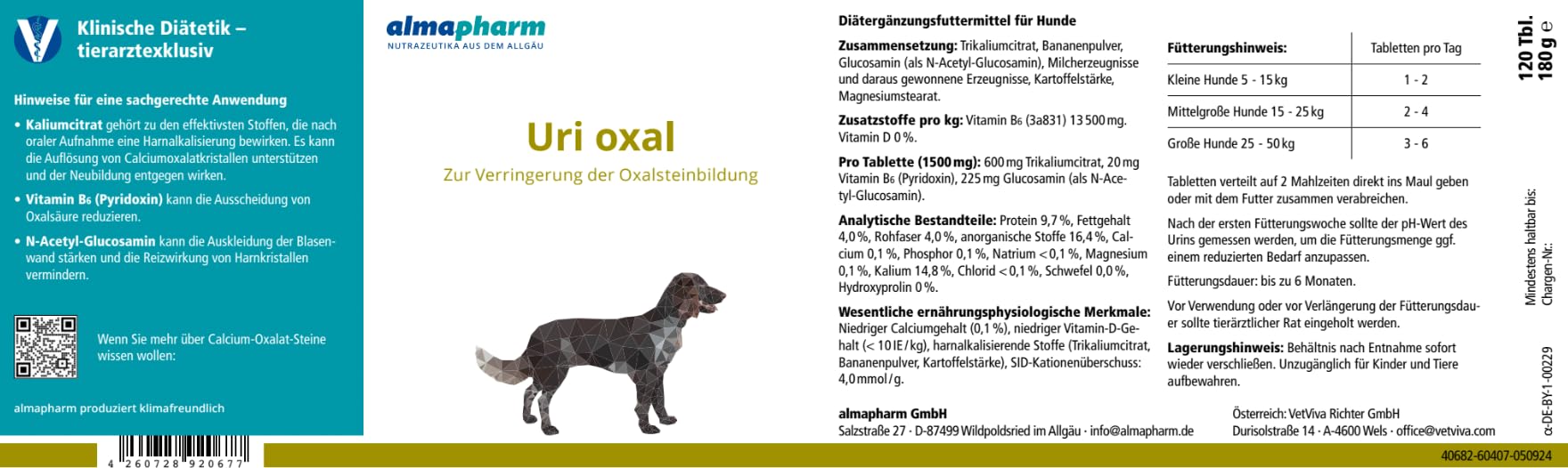 almapharm Uri oxal | 120 Tabletten | Diät-Ergänzungsfuttermittel für Hunde zur Verringerung der Oxalatsteinbildung | Kann dabei unterstützen eine Harnalkalisierung zu bewirken