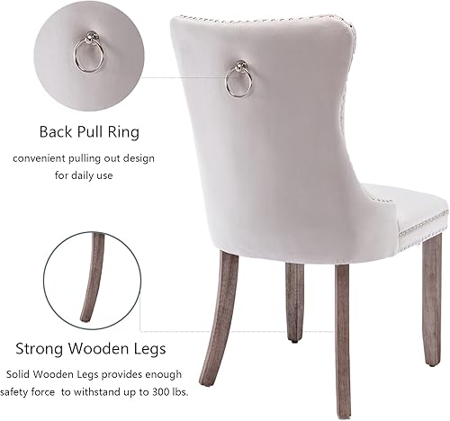 Miniatura 6 de Juego de 4 sillas de comedor de terciopelo beige, sillas de comedor tapizadas con adorno de tirador de anillo trasero y patas de madera maciza,
