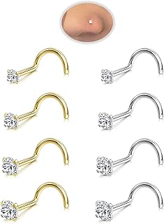 Nose Rings Studs Set for Women Men: Hypoallergenic 8Pcs 18G 20G 22G Gold/Silver 316L Surgical Stainless Steel Nose Studs Corkscrew Nose Piercing Jewelry Imitation Diamond Small CZ 1.5mm 2mm 2.5mm 3mm