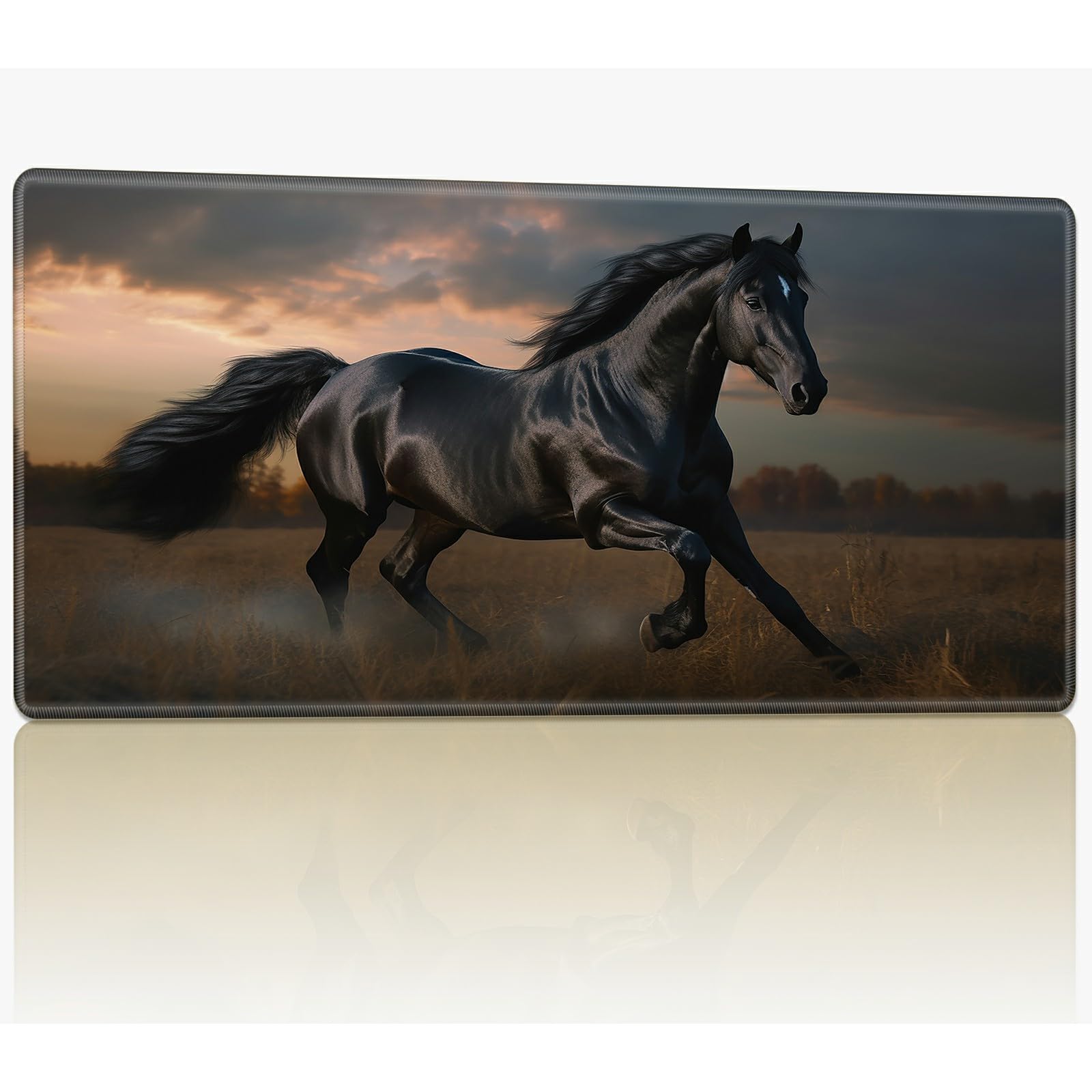 for MTG Playmat with Stitched Edges, 24 x 14 inches Stitched TCG Card Play Mat Commander Board Game Mats Smooth Rubber Surface Battle Game Desk Mat, Wild Black Horse