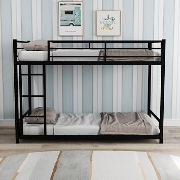 Twin Over Twin Bunk Bed, Metal Low Profile Bunkbed with Side Ladder, Heavy-Duty Sturdy Metal, Noise Reduced, Safety Guardrail, No Box Spring Needed Black