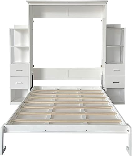 Miniatura 11 de DNYN Cama Murphy de tamaño Queen con estante de almacenamiento y diseño de marco de cama plegable y de pared, para espacios pequeños, dormitorio,