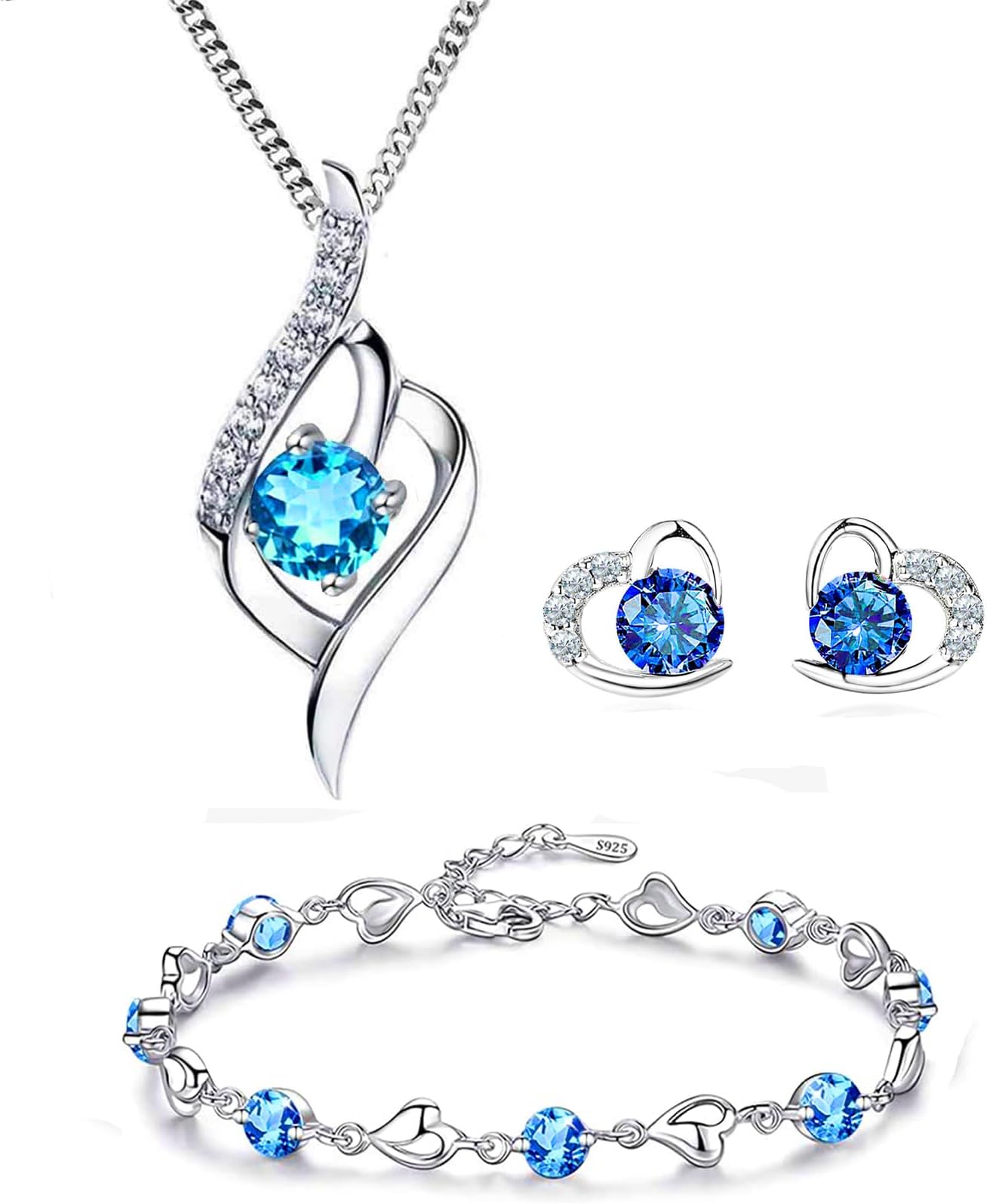 jewellery sets for Women Sterling Silver Heart Jewelry Set Amethyst Clear Blue Zirconia Heart Pendant Necklace and Earrings with Bracelet Crystal jewellery Sets for Women Girls