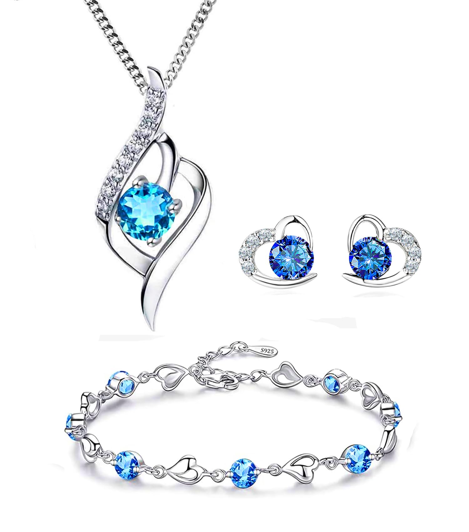 Kaguyojewellery sets for Women Sterling Silver Heart Jewelry Set Amethyst Clear Blue Zirconia Heart Pendant Necklace and Earrings with Bracelet Crystal jewellery Sets for Women Girls