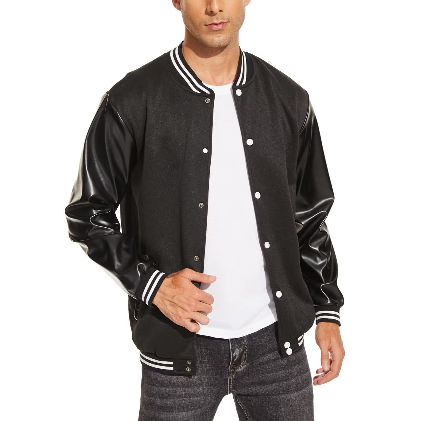 DHSPKNMen's Bomber Jackets Faux Leather Sleeves Varsity Baseball Jacket Vintage College Letterman Jacket Casual Sweatshirt