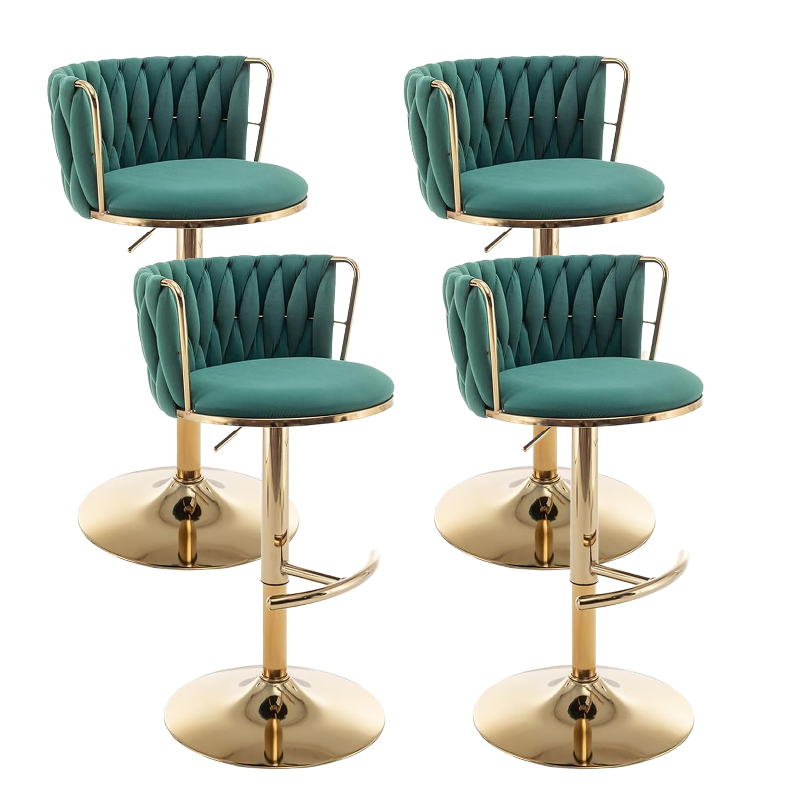 Cinxzar Gold Velvet Bar Stools Set of 4, Swivel Counter Height Bar Stools with Back, Adjustable Woven Barstools for Kitchen Island, Pub, Club (Green)
